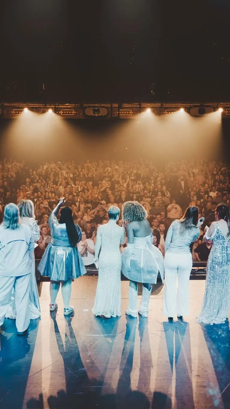 Eurovision on Tour performers on stage facing a packed theatre under the lights